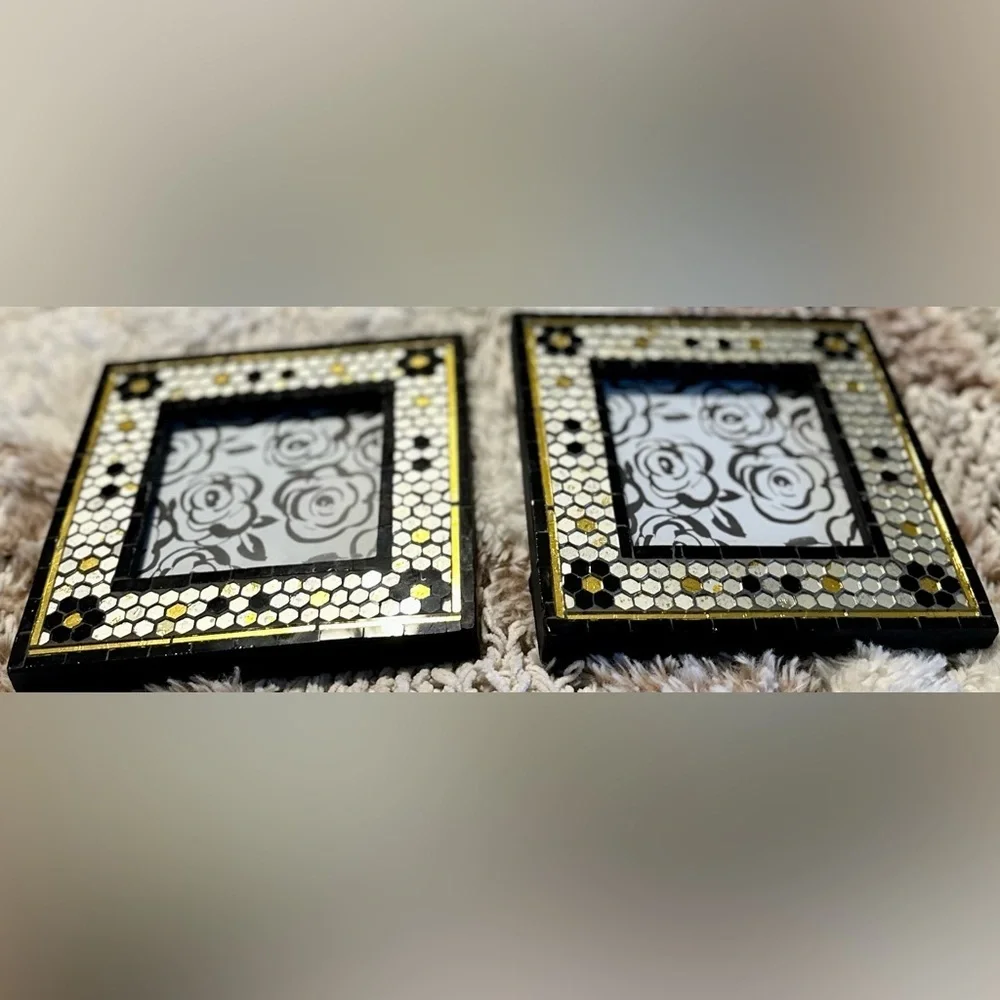 Anthropologie Mosaic Tile 4x4 Picture Frames — Set of 2, Black/White/Gold, NWT